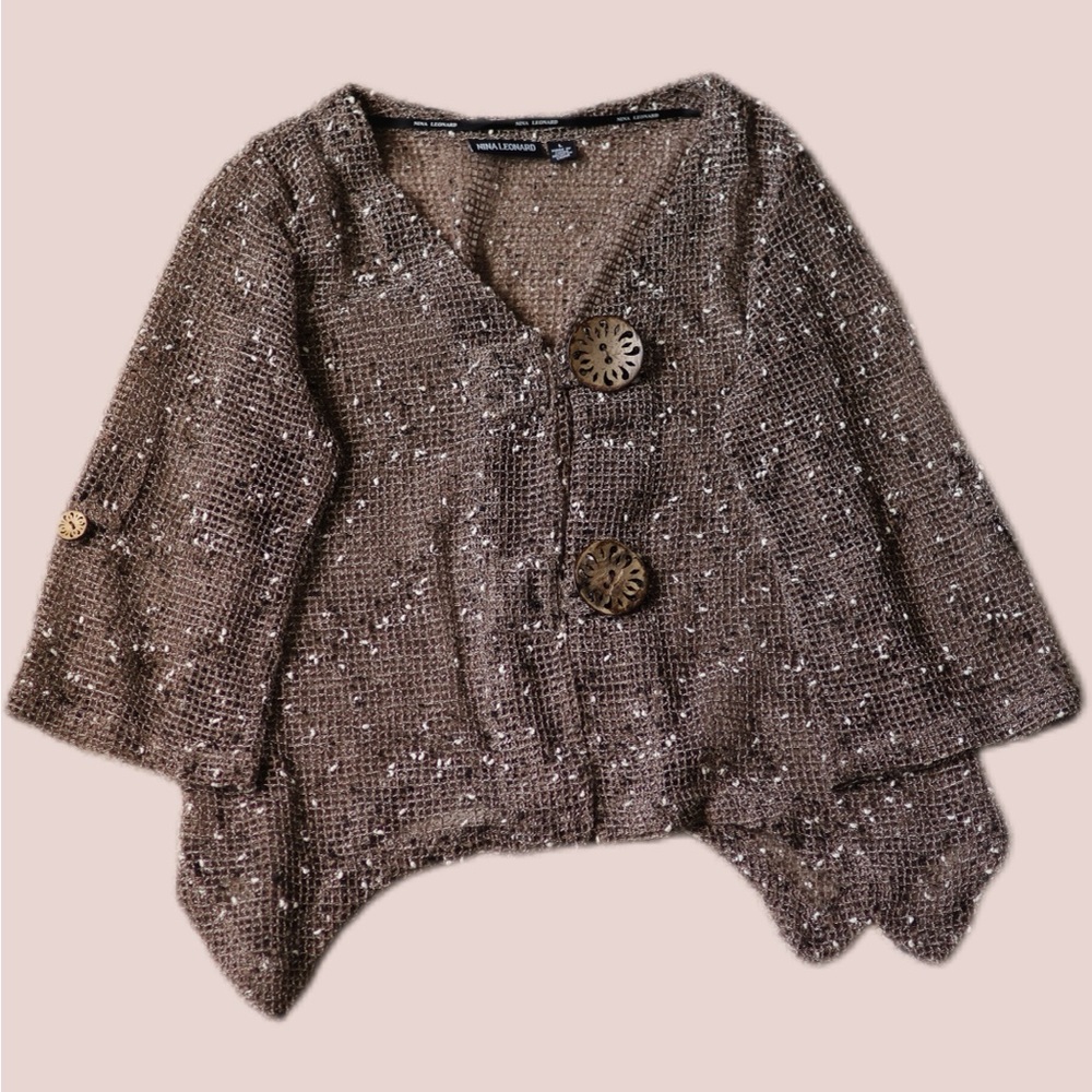 Nina Leonard Textured Brown Poncho with Button Accents